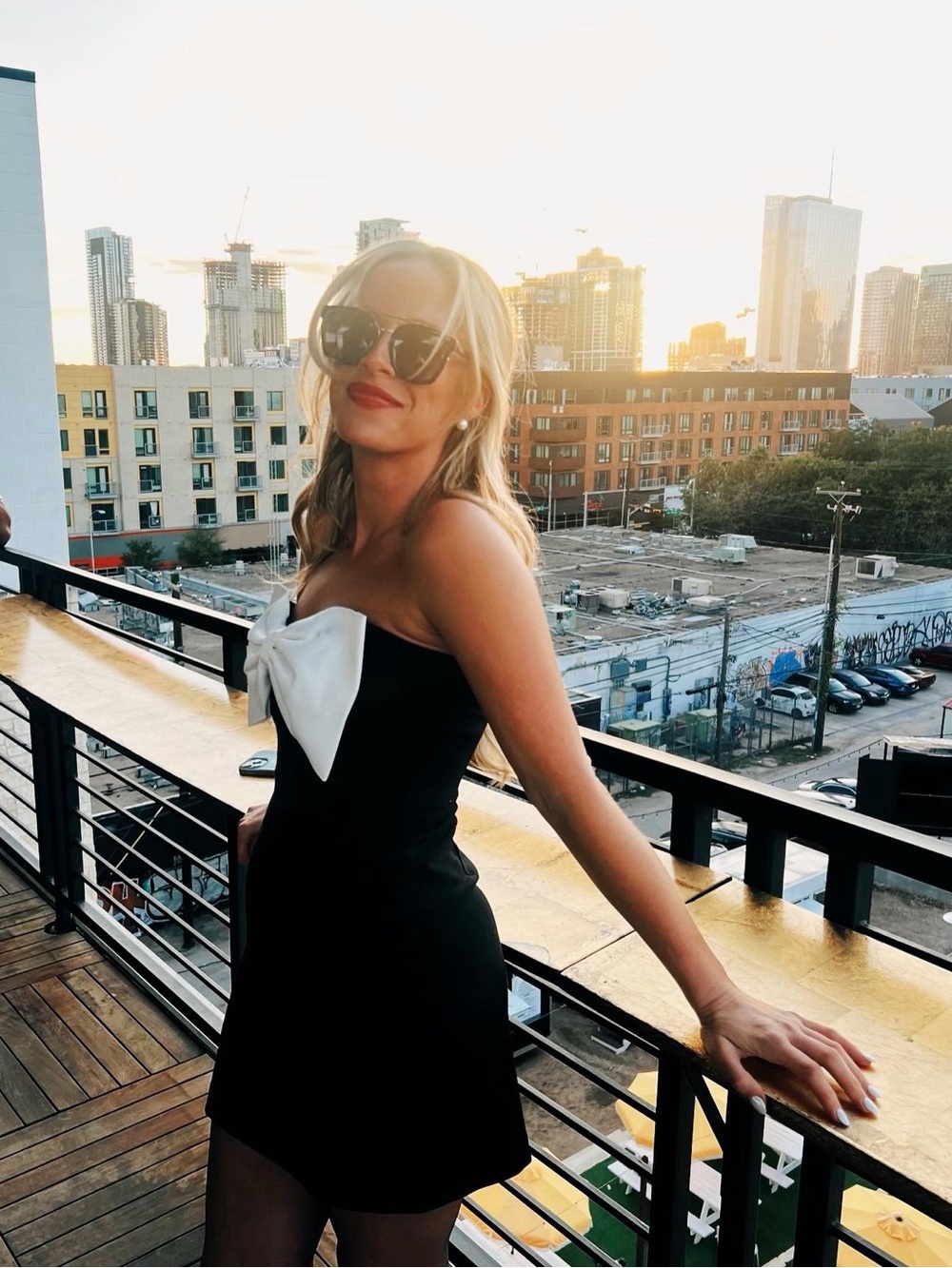 French Connection Black Strapless Dress with White Bow